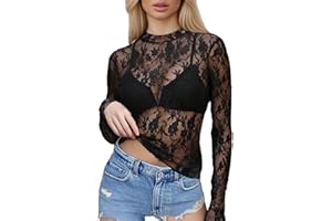 Sahunfri Mesh Tops for Women, Lace Tops for Women UK Sexy See Through Shirts, Y2K Lace Top Layering Blouses