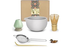 Artcome Kit de Ceremonia de Matcha Japonesa - Cuenco Con Boquilla de Vertido, Batidor, Cuchara, Colador - Juego Para Hacer Usucha, Koicha y Matcha
