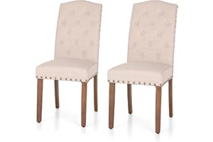 ALPHA HOME Tufted Dining Chairs Set of 2, Linen Fabric Diner Chairs Upholstered Padded Modern Dining Room Chairs with Button Back Wooden Frame Stylish Kitchen Chairs, Beige