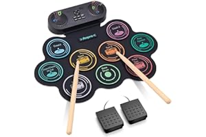 Bateria Electronica Niños, Anpro Bateria Electrónica Musical con 9 Almohadillas de Batería Altavoces Estéreo Duales, Baquetas y Pedales de Batería, Soporta Auriculares/BT/MIDI Práctica