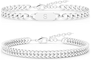 Aospkle 2PCS Initial Letter Cuban Bracelet, A-Z Letter Pendant Stainless Steel Silver Cuban Link Chain for Men Women Jewelry Set Valentines Day Birthday for Him Her