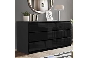 Blisswood High Gloss Chest of Drawer, 6 Wide Drawer Bedroom Chest of Drawer Bedside Table Cabinet for Bedroom Living room Furniture (Black, 138W x 30D x 77H cm)