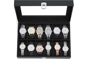 Caja Relojes con 12 Compartimentos, Ohuhu Caja para Relojes con Tapa de Cristal y Cojín Extraíble, Regalo para Cumpleaños Día del Padre Navidad