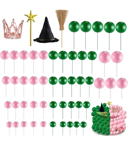Reallnaive 12 Pcs Witch Theme Cupcake Toppers – 3.5 Inch Pink & Green Glittery Bows, Cake Decorations For Birthday, Themed Parties