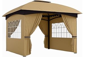 Outsunny Cenador para Jardín 3,4x3,4 m Pérgola de Jardín Gazebo con Doble Techo Paredes Laterales Anti-UV y Ventanas Carpa para Exterior Terraza Patio Beige