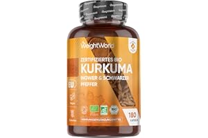 ‎WEIGHTWORLD Bio Kurkuma Kapseln - 180 Curcuma Kapseln - Kurkuma Pulver mit Schwarzer Pfeffer, Ingwer Pulver - Bio Zertifiziert - Alternative zu Curcuma Extraxt - Vegan Turmeric Capsules - Glutenfrei - WeightWorld