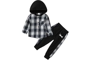 Naiyafly Toddler Boys Clothes Set Kids Long Sleeve Hoodie Plaid Sweatshirt Tops + Pants Outfit Set Children Hooded Button Down Shirts Bottom Tracksuit Boys School Playsuit