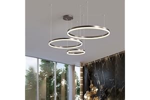 WAYLUOUNG Moderner LED Kronleuchter, 3 Ringe (20+40+60cm) 45W, Dimmbare Fernbedienung Metall Acryl LED Pendelleuchte, Gebürstete Ringe Decken Hängelampe, Wohnzimmer Schlafzimmer Foyer Esszimmer Küche (Braun)