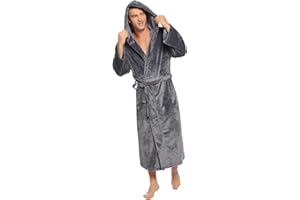 Vlazom Men Dressing Gown, Flannel Soft Bathrobe Cosy Warm Men's Robes Fluffy Hooded Housecoat for Winter Loungewear S-3XL