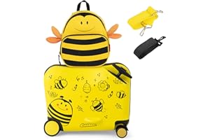 GOPLUS Maleta Infantil de 2 Piezas con Ruedas Giratorias, Equipaje de Viaje con Mochila, Juego de Equipaje para Niños Ride-on & Sit-on & Carry-on 47cm y Mochil 30 cm, Maleta de Cabina (Abeja)