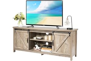 CASART Wooden TV Cabinet, 3 Tier TV Console Table with Sliding Barn Doors and Shelves, Rustic Media Entertainment Center for Living Room Bedroom Office (Grey Wash)
