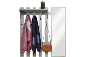 ‎MEERVEIL Meerveil Wandgarderobe mit Spiegel, Holz Garderobe mit 5 Haken Ablage Industriestil für Flur Eingangsbereich, 100 x 22 x 106 cm, Grau