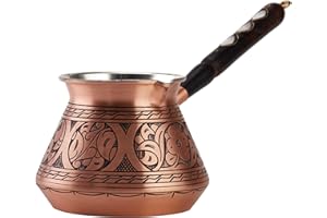 DEMMEX Cafetera Turca, Griega y Árabe de Cobre Más Grueso, Cafetera para Estufa, Cezve Ibrik Briki con Mango de Madera y Cuchara, (Cobre Mate (450 ml))