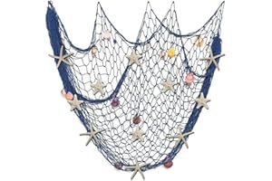 Fangoo Nature Fish Net Wall Decoration with Colorful Sea Shells and Natural Starfish Ocean Themed Mediterranean Style Fishing Net for Beach Party,Wedding,photography Wall Decoration (Blue 200x150cm)