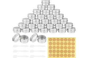 RVLZKCPG aluminiumläppbalsambehållare, 30 stycken små burkar, 5 ml krämburkar för fyllning, burkar med lock med runda klistermärken och krämspade för läppbalsam, kosmetika, kräm, prover
