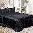 (Queen, Black) - Homiest 4pcs Satin Sheets Set Luxury Silky Satin Bedding Set with Deep Pocket, 1 Fitted Sheet + 1 Flat Sheet + 2 Pillowcases (Queen Size, Black)
