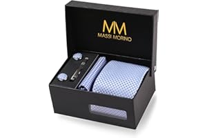 Massi Morino Cravatta e fazzoletto da uomo - con camicia gemelli, parure fermacravatta set I Accessori sposa I Cravatte Elegante Confezione Regalo