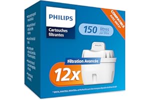 Philips Water Cartouches filtrantes de rechange Filtration avancée, paquet de 12, compatibles Brita, réduisent les MICROPLASTIQUES, le CHLORE, le CALCAIRE, les MÉTAUX LOURDS