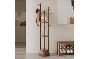 AQIMUELE Coat Stand, Wooden Coat Rack Stand with 3 Storage Shelves and 9 Hooks, Freestanding - Rotatable Coat Hanger Stand, Sturdy and Easy Assembly for Hallway, Bedroom (Walnut)