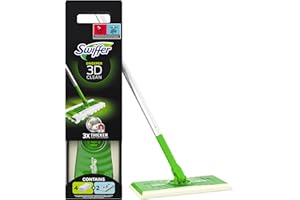 ‎SWIFFER Swiffer Bodenwischer 3D Clean Starterkit, 1 Stab + 4 Trockene Bodentücher + 2 Feuchte Bodentücher, Set für Hartholz & Hartböden, entfernt Staub & Schmutz