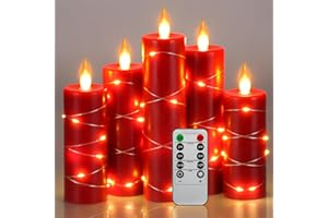Da by Vela LED, vela de batería, con luz de cadena de luz estelar, con control remoto de 10 teclas, función de temporizador de 24 horas, 5 piezas de cera real (rojo).