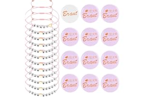 Towviy Team Braut Armbänder,12 Stück Verstellbaren Jga Armbänder Set + 12 Stück Jga Buttons Set Brautjungfernarmband Brautjungfer Armband mit Buchstabenperlen für Junggesellenabschied Hochzeit Party
