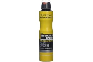 L’ORÉAL PARIS MEN EXPERT L'Oréal Men Expert Invincible Sport 96H Spray anti-traspirante, combatte il sudore e gli odori, con magnesia e fresco profumo legnoso, per uomini attivi, secchezza a lunga durata, 6 x 250 ml