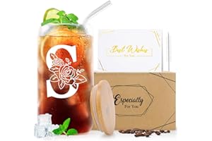 PSUKHAI A-Z 26 Initial Personalised glasses drinking Birthday Gifts for Women Girlfriend Best Friend Her Mum Sister Friendship Teacher Valentines Christmas Gifts, Iced Coffee Cup Gift with Lids Straws