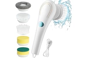 Nicoone Brosse Nettoyage Electrique,USB Rechargeable Rotative Nettoyage avec 5 Têtes de Brosse,IPX7 imperméable Electric Spin Scrubber pour Salle de Bain Cuisine Voiture