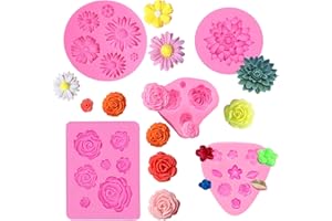 SHSHbuy Moule Silicone Fleur 5 PCS Fleur Gâteau Fondant Moules,Moules en Siliconeen Forme de Rose et de Feuille pour Jelly Sucre Candy Chocolat Fondant Décoration de Gâteaux