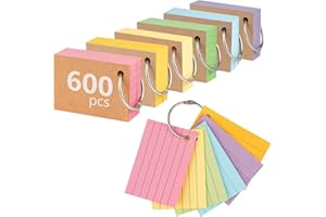 SHPUCISE 600 PCS Flash Cards Revision Cards, A8 (2.9×2 inch) Flshcards with Kraft Cover & Binder Ring, Six-Color Ruled Index Card Notecards Paper for Office School Home Learning Record
