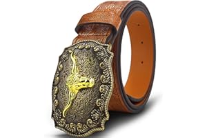 Oyifan Western Cowboy Cowgirl Leather Belt, Men's Longhorn Bull Floral Engraving, Women Brown Large Buckle Western Belt