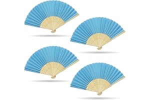 Grantop 4 Pcs Black Folding Hand Fan, Silk Fabric Bamboo Ribs Handheld Fan, Folding Chinese Fan for Wedding Christmas Party Prom Festival DIY Home Decorations (Blue)