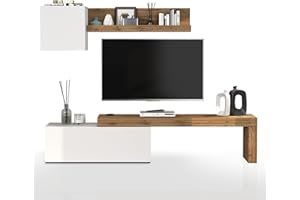 WHOUS Parete Attrezzata CHRONOS per Soggiorno, Mobile Tv Regolabile, Cubo con 1 Anta e Mensola per Salotto in Legno, 180/290x40 cm, Bianco Lucido e Rovere