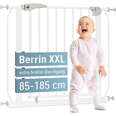 BOMI Kinderschutzgitter MIKO Aus Buchenholz – Ohne Bohren, Mit XXL-Tür, 90°-Stopp, Breite 79–87 Cm