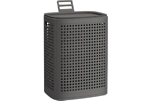 SONGMICS Tvättkorg med lock, tvättuppsamlare i plast, 75 L, smal tvättunna, platsbesparande tvättlåda, för badrum, tvättstuga, sovrum, mörkgrå RLH021G101