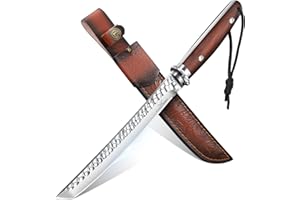 TAN REN Survival Messer 21 cm Full Tang, Jagdmesser mit Lederscheide, scharfes Jagdmesser mit fester Klinge, D2 Überlebensmesser für den Außenbereich