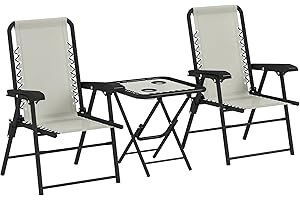 Outsunny Conjunto de Mesa y Sillas de Terraza Exterior de 3 Piezas Muebles de Jardín Exterior Plegables con Estructura de Acero y Portavasos para Patio Crema