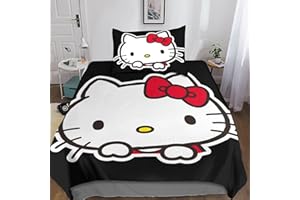 Entemah Hello Kitty Set Di Biancheria Da Letto Con Stampa Di 3D, Cartoon Cat Copripiumino Con Cerniera, Con Federa, Biancheria Da Letto Per Ragazzi E Ragazze Single（135x200cm）