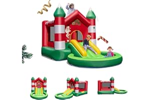 GOPLUS Château Gonflable Thème Noël pour Enfant 3-10 Ans, Toboggan Piscine Structure Gonflable avec Balles Océan, Sac de Transport Jusqu’à 135KG,390x210x220CM (Noël sans Souffleur)