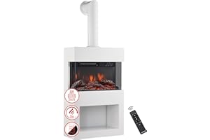 KAMINIO Eléctrica chimenea HENRI con tubo de chimenea - Estufa de chimenea con calefacción, efecto de llama 3D, compartimento para leña (Blanco)