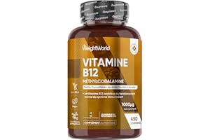 WEIGHTWORLD Vitamine B12 Méthylcobalamine 1000mcg 450 Microcomprimés, Vitamine B12 Vegan, +12 Mois d'Approvisionnement, sans OGM, sans Gluten, sans Lactose, sans Stéarate de Magnésium