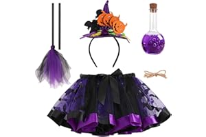 SUPERUM 4er Hexenkostüm Kinder Set,Halloween Kostüm Kinder Hexe Tutu Rock mit Hexenbesen & Stirnband & Zaubertrank Flasche,Hexen Kostüm Mädchen Halloween Witch Costume Hexenkleid für Fasching Karneval