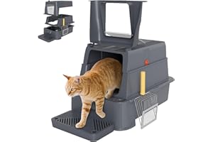 PawHut Arenero para Gatos de Acero Inoxidable XL, Caja de Arena para Gatos, Arenero con Tapa Abatible 180°, Laterales Altos, Pedal, Pala, sin Olores, Fácil de Limpiar, Antifugas, Gris Oscuro