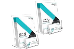 HIIMIEI Soporte acrílico para folletos A5, paquete de 2 soportes transparentes para folletos con soporte para tarjetas de visita, soportes de exhibición de folletos para revistas, folletos, menú,