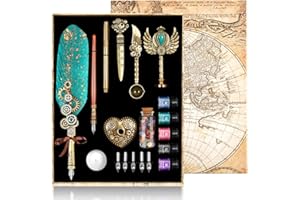 MPRINCE Quill Pen and Ink Set - Feather Pen, Wooden Pen, 5 Replaceable Nibs, Seal, Wax Beads, Envelope and Letter Paper - Green