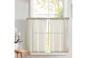 Vangao Leinenoptik Scheibengardinen Modern Beige Küche Bistrogardine 2er Set 60Hx65Bcm Küchengardinen mit Stangendurchzug Lichtdurchlässig Wohnwagen Landhausstil Bauernhaus Gardinen kurz
