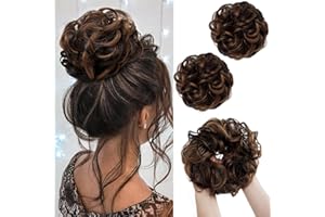 PORSMEER 2 pièces pour cheveux avec élastique, grand chignon pour cheveux bouclés, pour femmes et filles (brun foncé avec lumières)