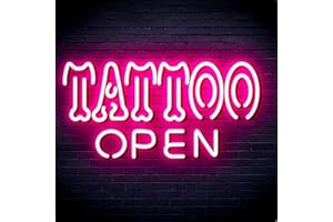HFHungkeong Letrero de neón abierto de tatuaje rosa, luz LED de neón con un interruptor regulable, letrero de tienda de tatuajes acrílicos para salón de tatuajes, estudio, placa de tienda