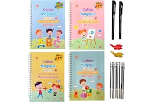 CELIMS - Cahier d'écriture Magique | Lot de 4 | Alphabet + Mathématiques + Dessin + Numéros + 2 Stylos + 10 Recharges + 2 Correcteurs de Prise de Crayon | Réutilisable | Ideé Cadeau pour Enfants